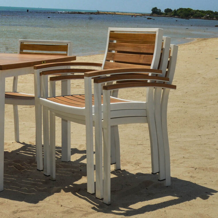 Catalina Teak Stacking Dining Chair with Arms, White (Set of 2)