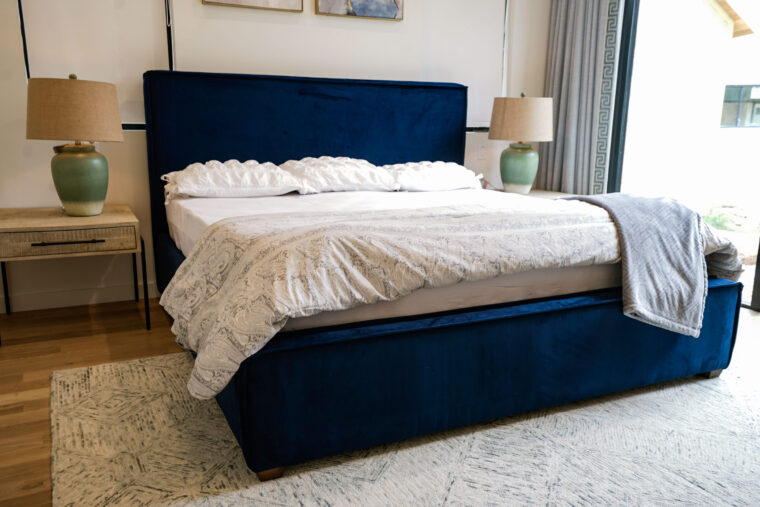 Uptown King Size Bed, Blue Velvet
