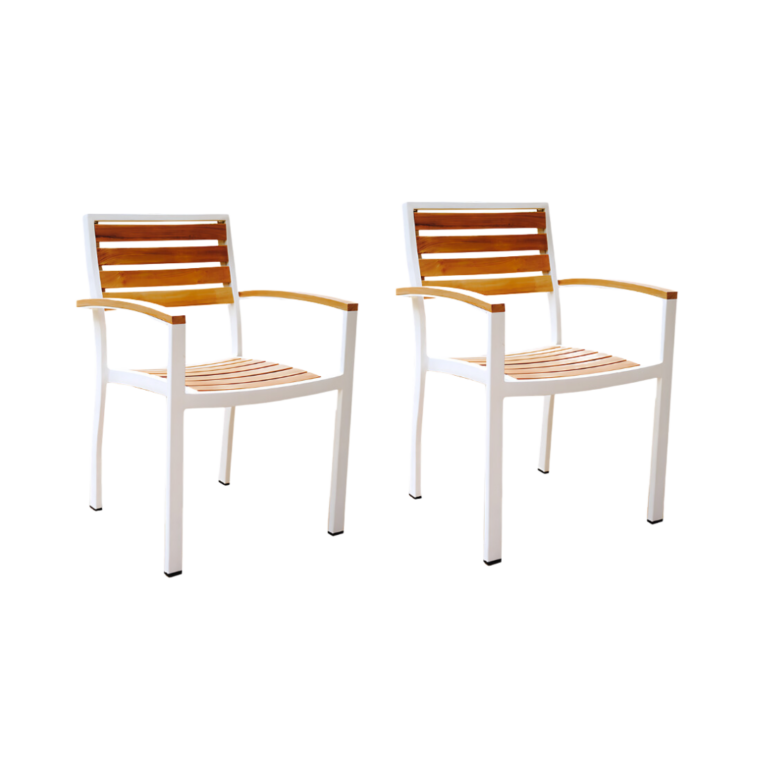 Catalina Teak Stacking Dining Chair with Arms, White (Set of 2)