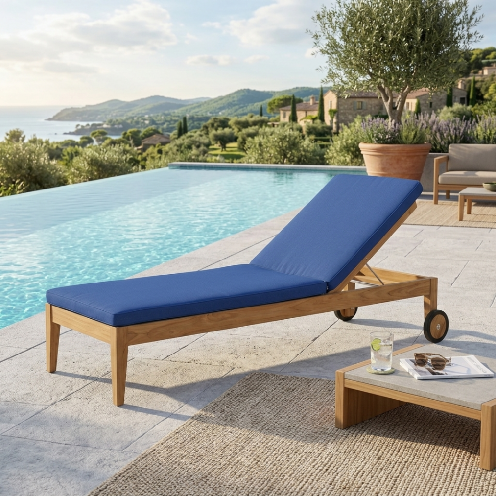 Clearwater Teak Sunbrella Chaise Lounger, Navy