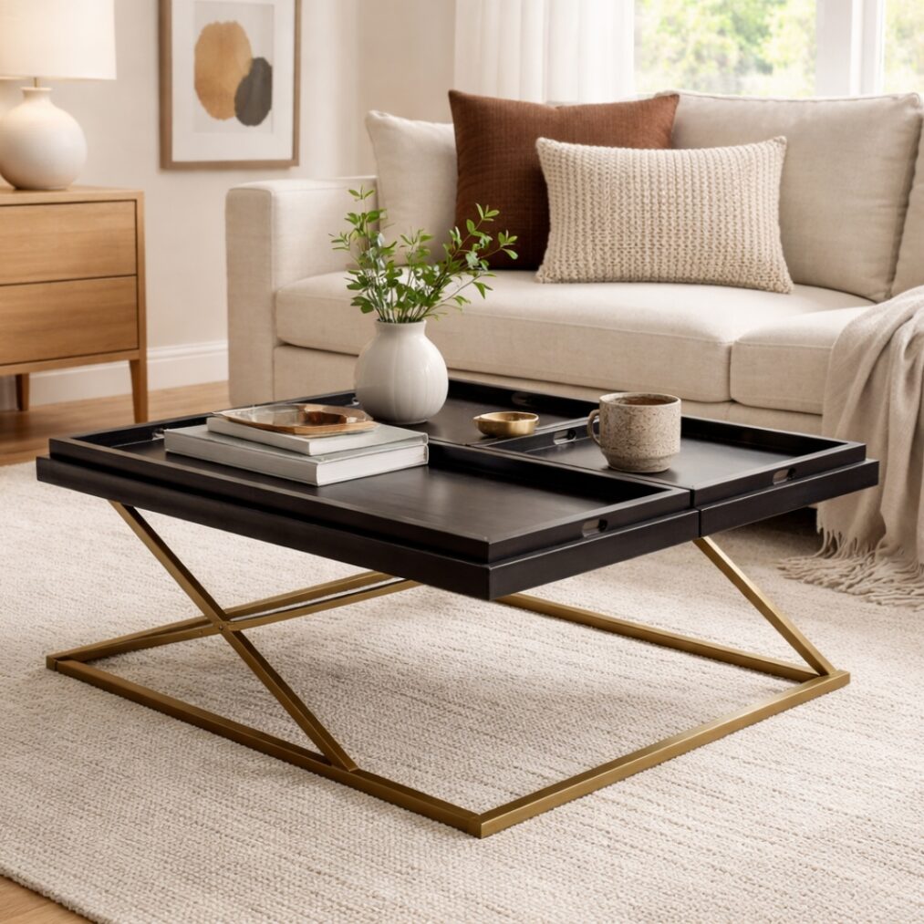 Black Square Coffee Table with Gold Base