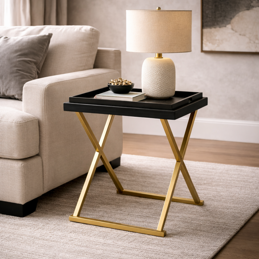 Black Accent End Table with Gold Base
