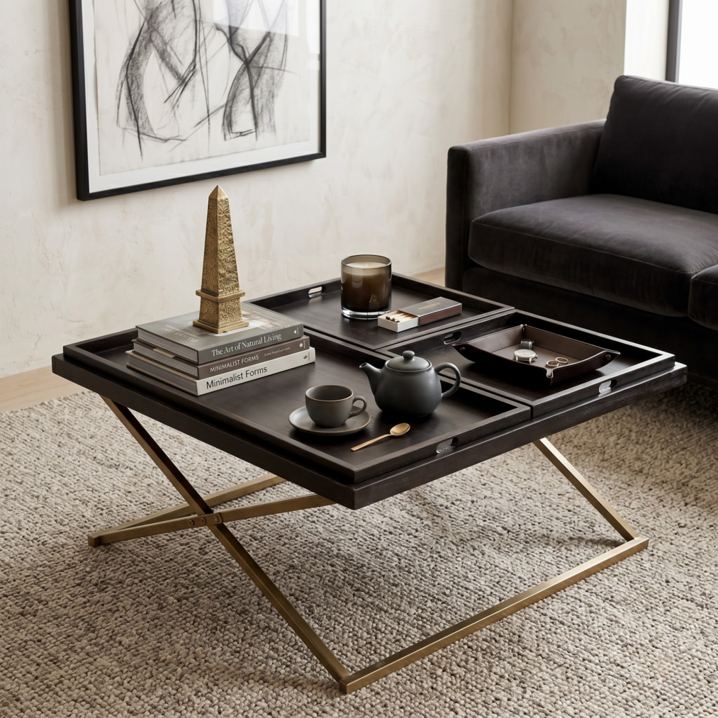 Black Square Coffee Table with Gold Base