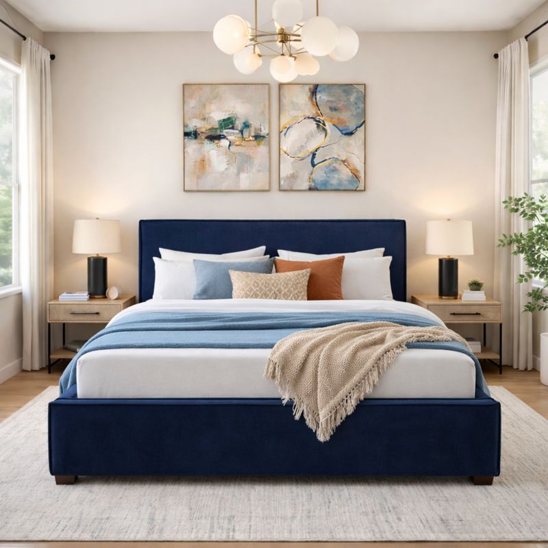 Uptown King Size Bed, Blue Velvet