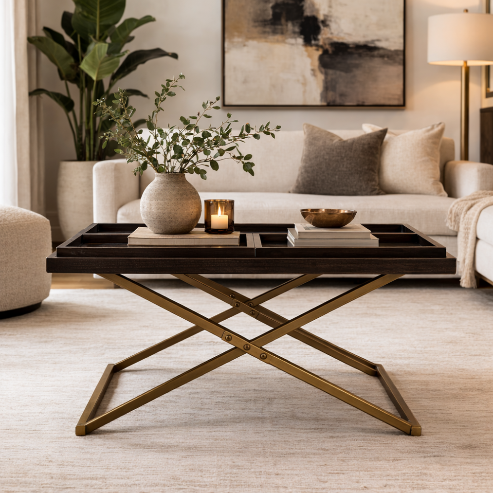 Black Rectangular Coffee Table with Gold Base